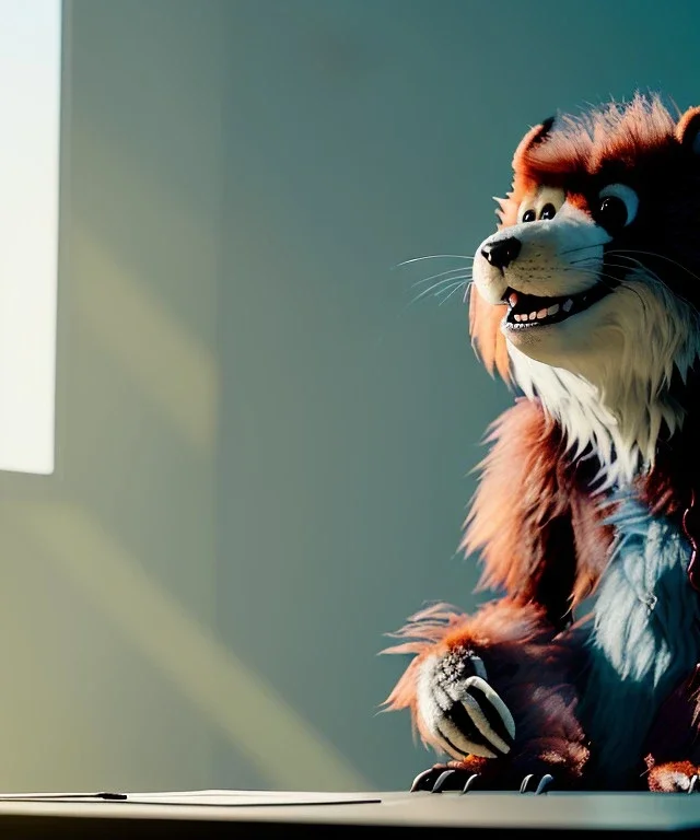 Realistic office room. sweet big furry monster sitting. Tim burton style. Red hair, smile, happy, gradient color fog. highly detailed, concept art, unreal engine 5, ray tracing, RTX, lumen lighting, ultra detail, volumetric lighting, 3d, finely drawn, high definition, high resolution.