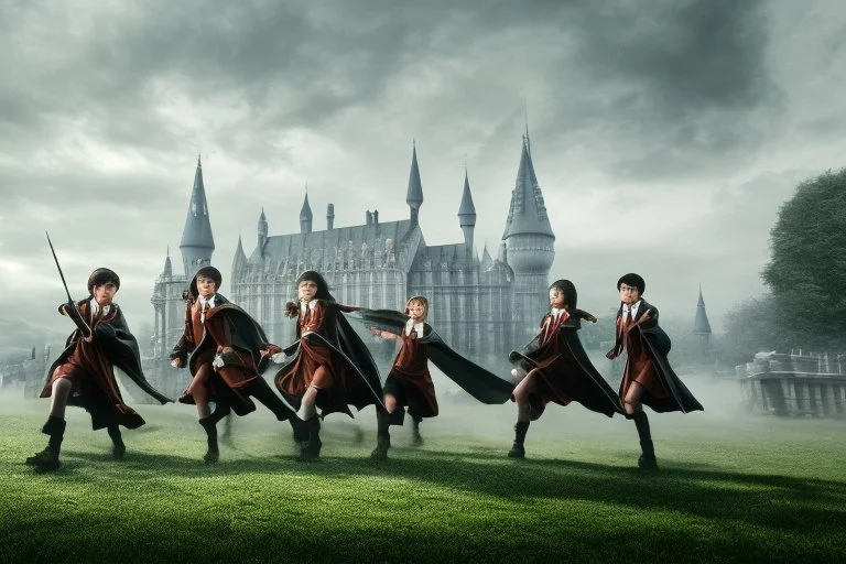 realistic young Harry Potter movie characters in front of white house