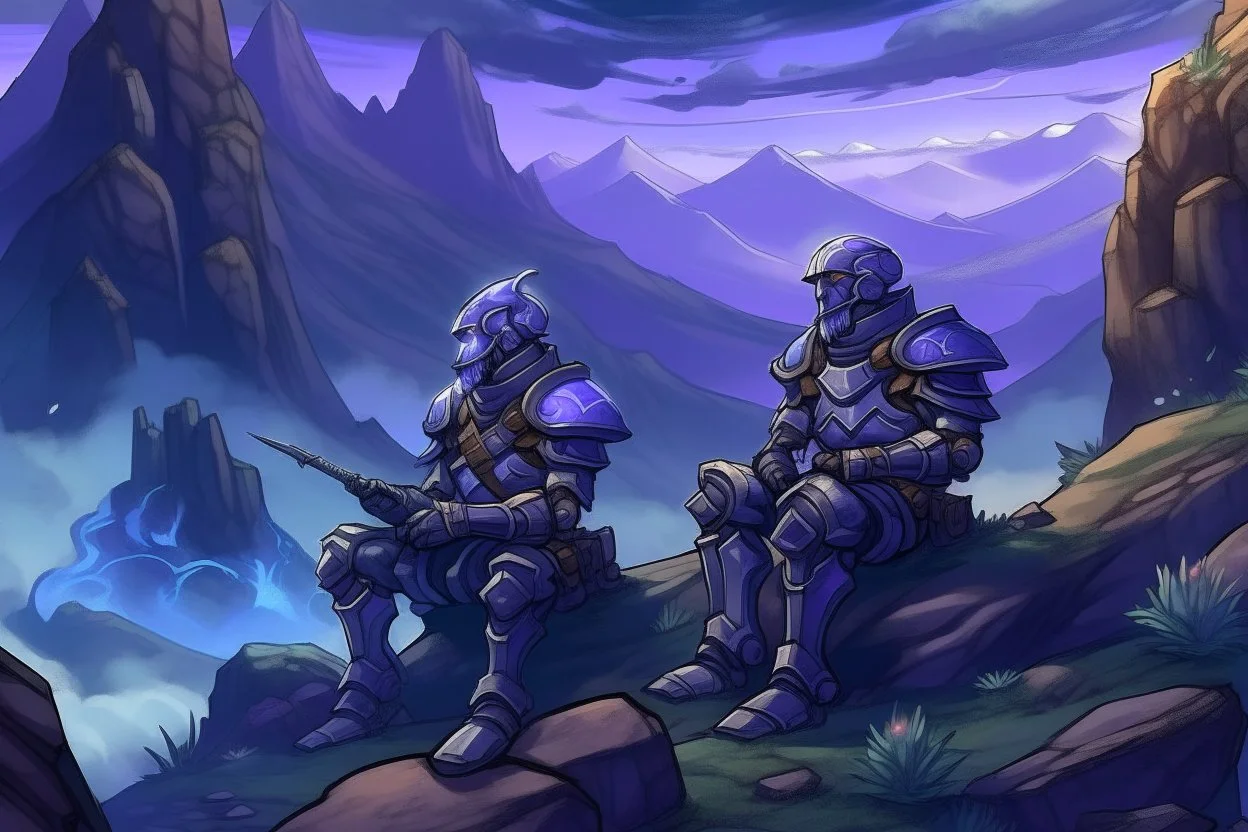 two medieval soldiers in armor sitting near rocks and smoking while looking at distant mountains with purple and blue distant mist and glowing mushrooms and plants around the soldiers