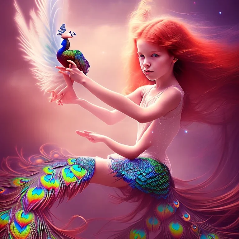 red hair little girl in a ethereal fantasy world riding a peacock