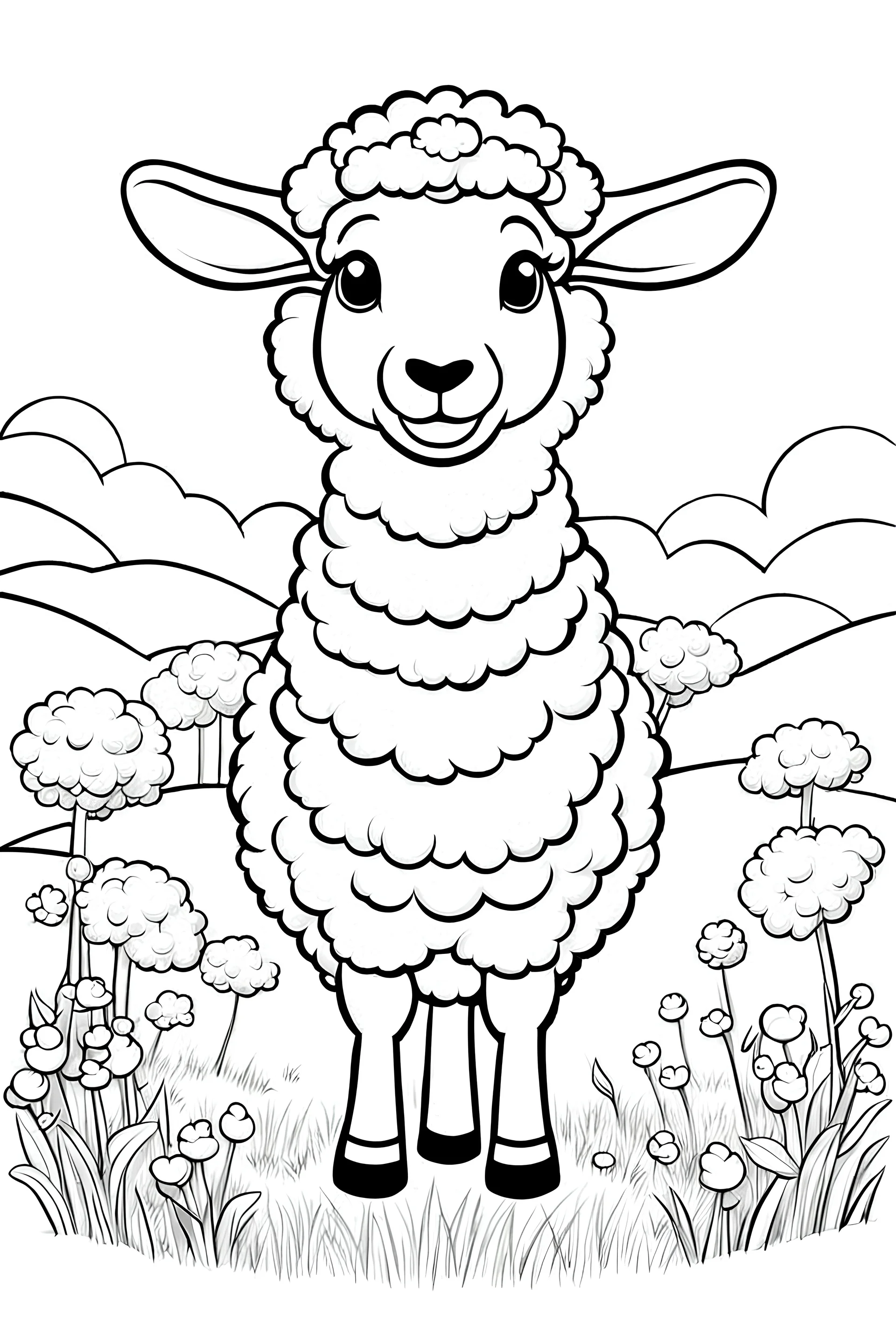 outline art for a kid's coloring page, children as joyful sheep in God's pasture, white background, sketch style, full body, only use outline, clean art , white background, no shadows and clear well outlined