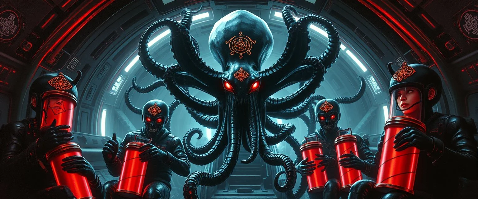 master oil painting by Rembrandt, black glistening slimy octopus insectoid hypnotic Nephilim tribal ornamented insignia trauma watchers commando in spaceship with some scared humans in huge neon canisters, in the style of Giger, 3d anime