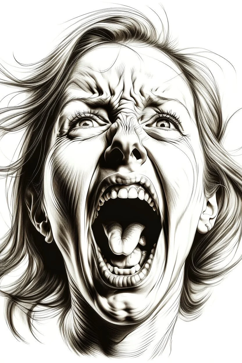 detailed image, female head, screaming