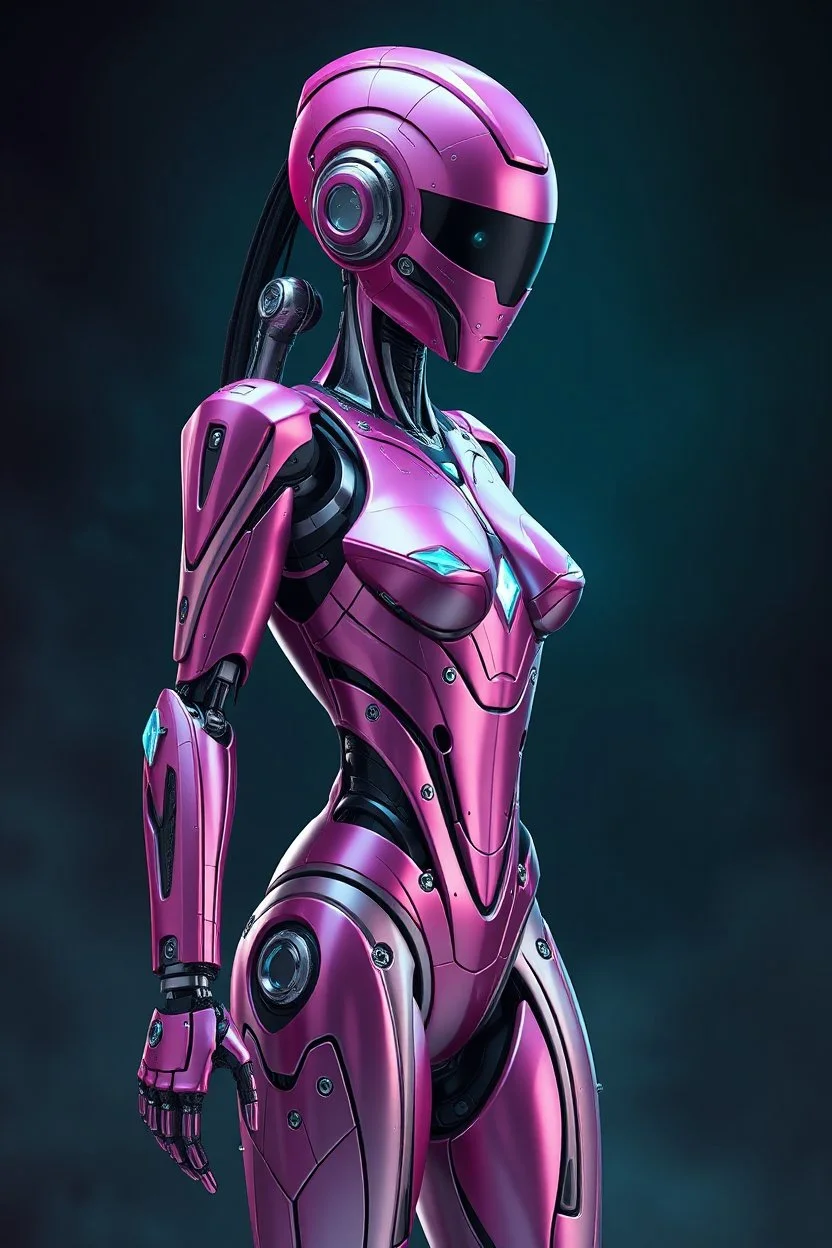 Hyper-realistic full-body 3D surreal digital painting of a female humanoid droid mechanic standing upright, perfect full-body proportions, elegant futuristic design, highly detailed mechanical anatomy with refined joints and precision engineering, sleek magenta metallic armor with subtle wear and realistic reflections, diamond-like crystalline accents integrated into the body design, cinematic pose showing full silhouette from head to feet, rich deep teal atmospheric background, soft volumetric
