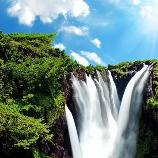 Beautiful water falls from floating island in the sky