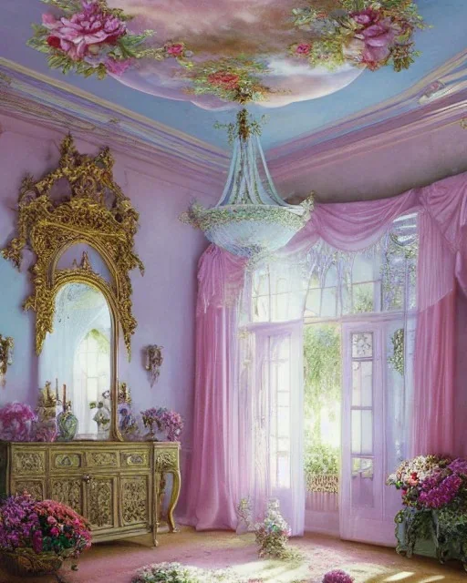 Glass globe with a large botanical victorian room with many pastel flowers, garlands on ceiling and walls, gauzy curtains, rococo, renaissance, 8k resolution, ultra fine detail, high-quality, dreamlike, fantasy, matte painting, dynamic lighting, atmospheric, baroque, john wainwright, harold clayton, flora yukhnovich