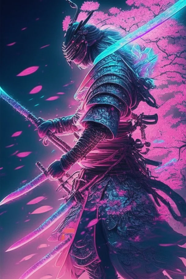 Mystical samurai emitting an aura of transparent dragons with a long, neon sword emitting an aura