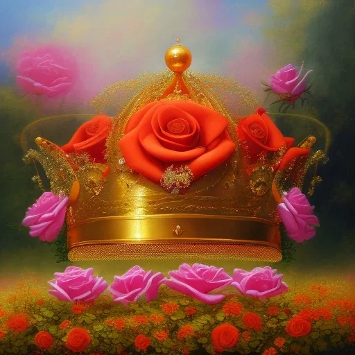 a dreamy yet sorrowful oil painting of a detailed golden crown next to a red rose on a bench in a flower garden