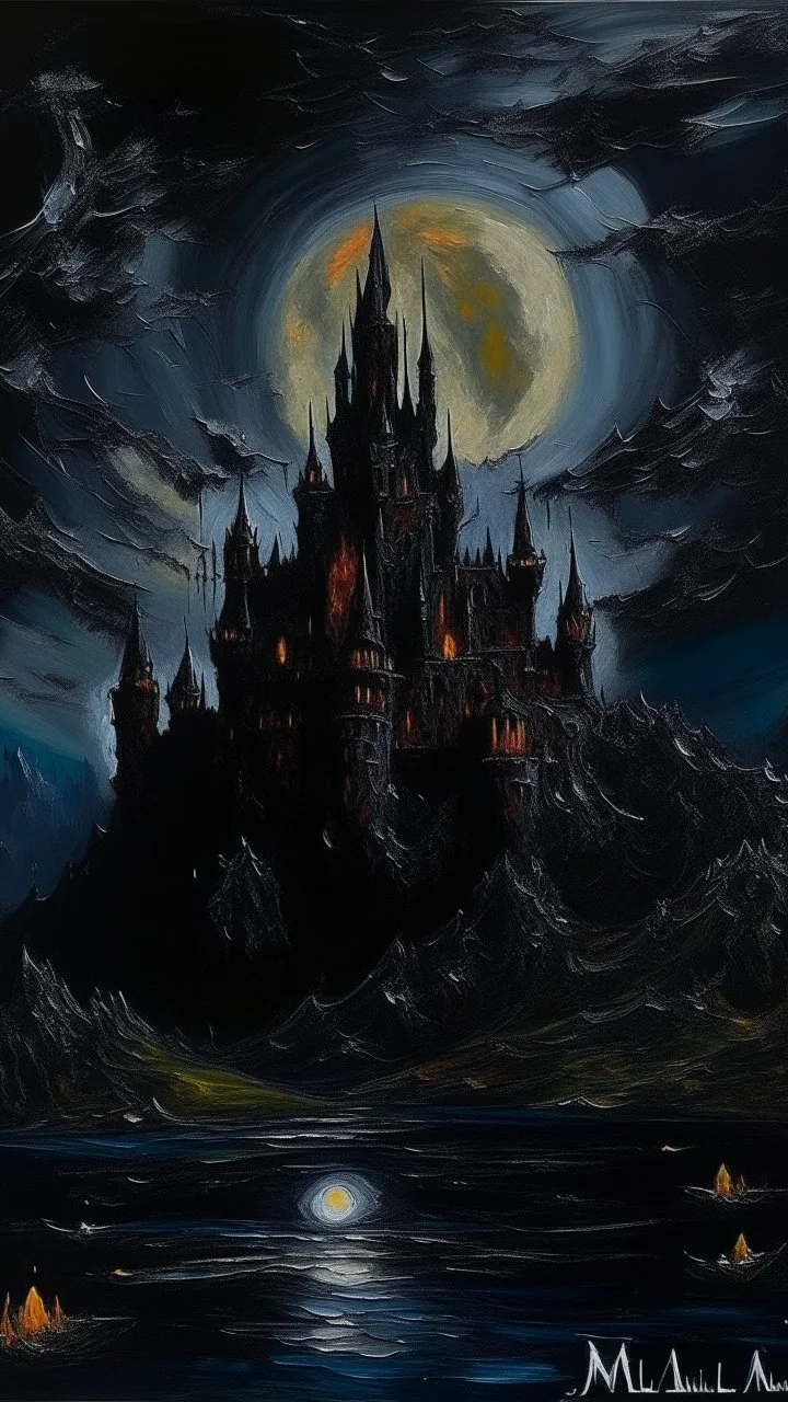 A black vampire castle in space painted by Claude Monet
