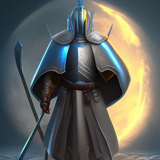 Man , in Blue Medieval Armor , Blue glowing eyes , with a Hood