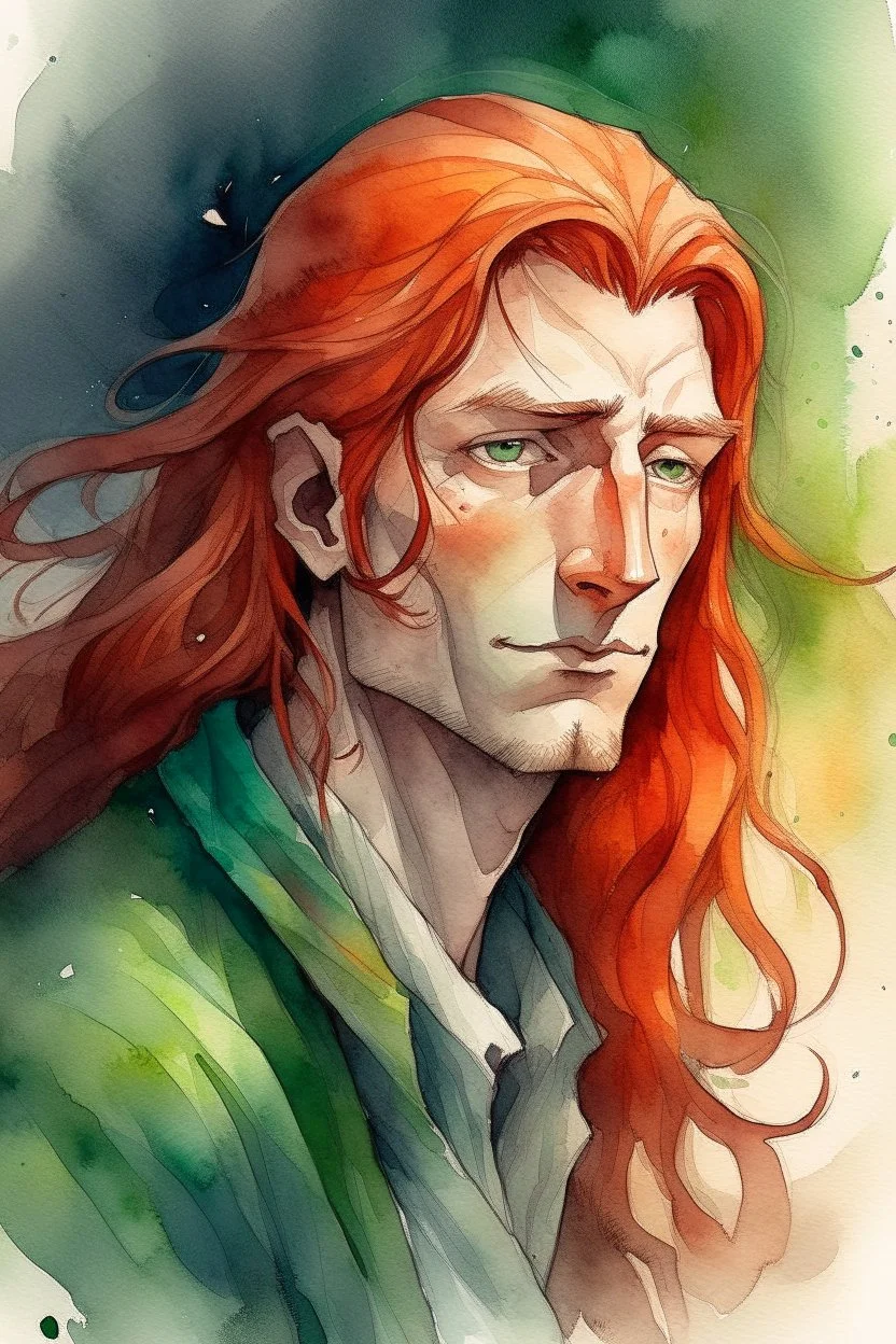 dnd, fantasy, watercolour, large strokes, stylistic, portrait, illustration, dull colours, male, face, narrow long face, weathered face, green eyes, determined, happy, red hair, very long hair streaming down the shoulders, radiating light, five o'clock shadow