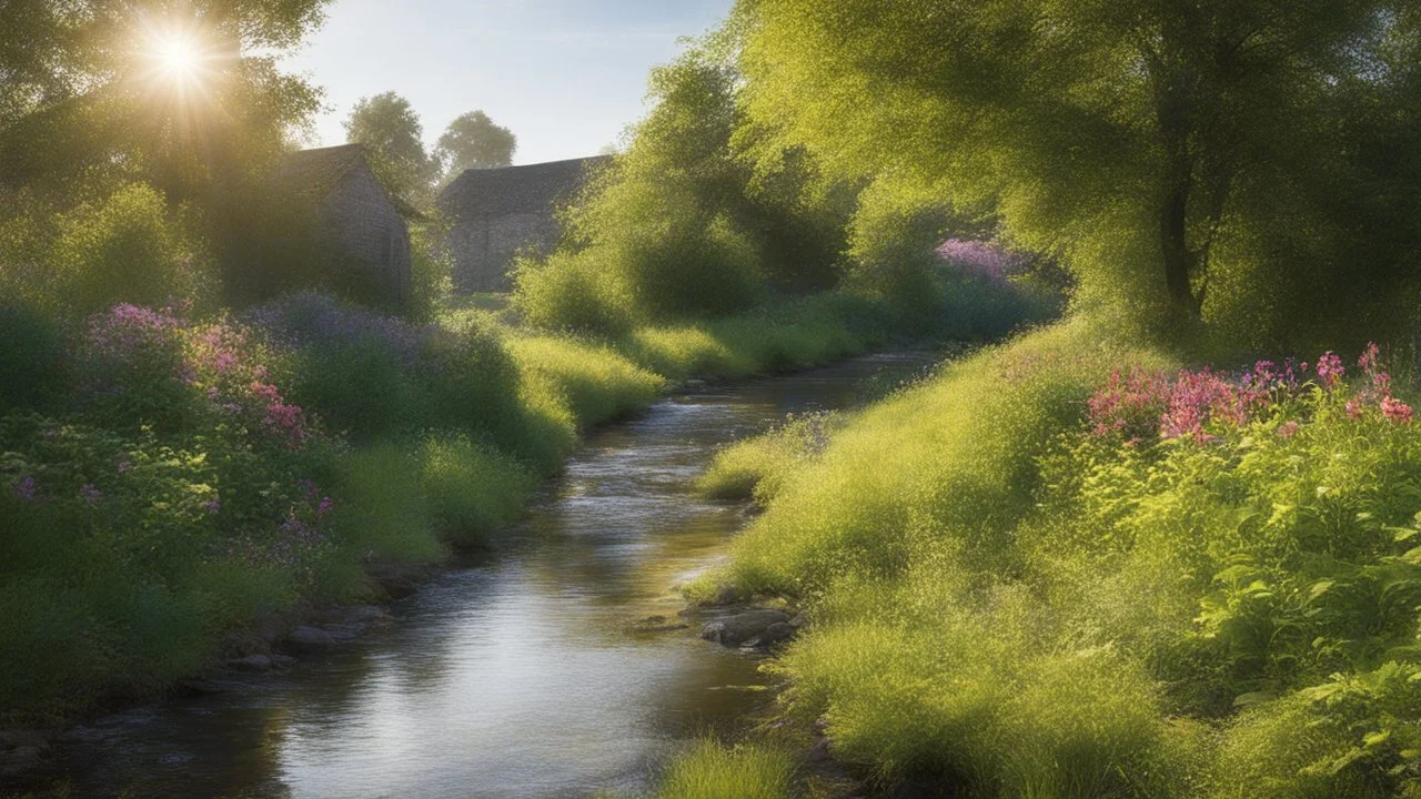 Beautiful realistic rural landscape, warm sunshine, lush plant growth, flowers, brook, peaceful, delightful, idyll, award-winning photograph, detail, beautiful composition, attractive colour, chiaroscuro, rule of thirds, human habitation