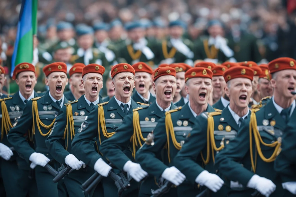 Soldiers marching in formation; military parade; passionately shouting;