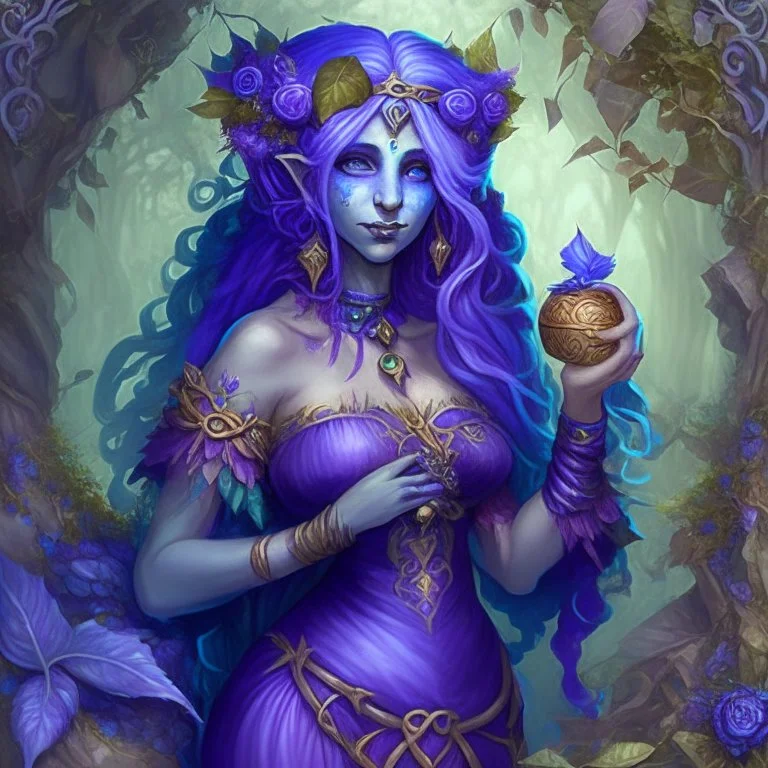 Cassavara - The Goddess of Change, Luck and Fortune, Patron of Halflings and Gnomes Lady Luck, purple dress, blue hair