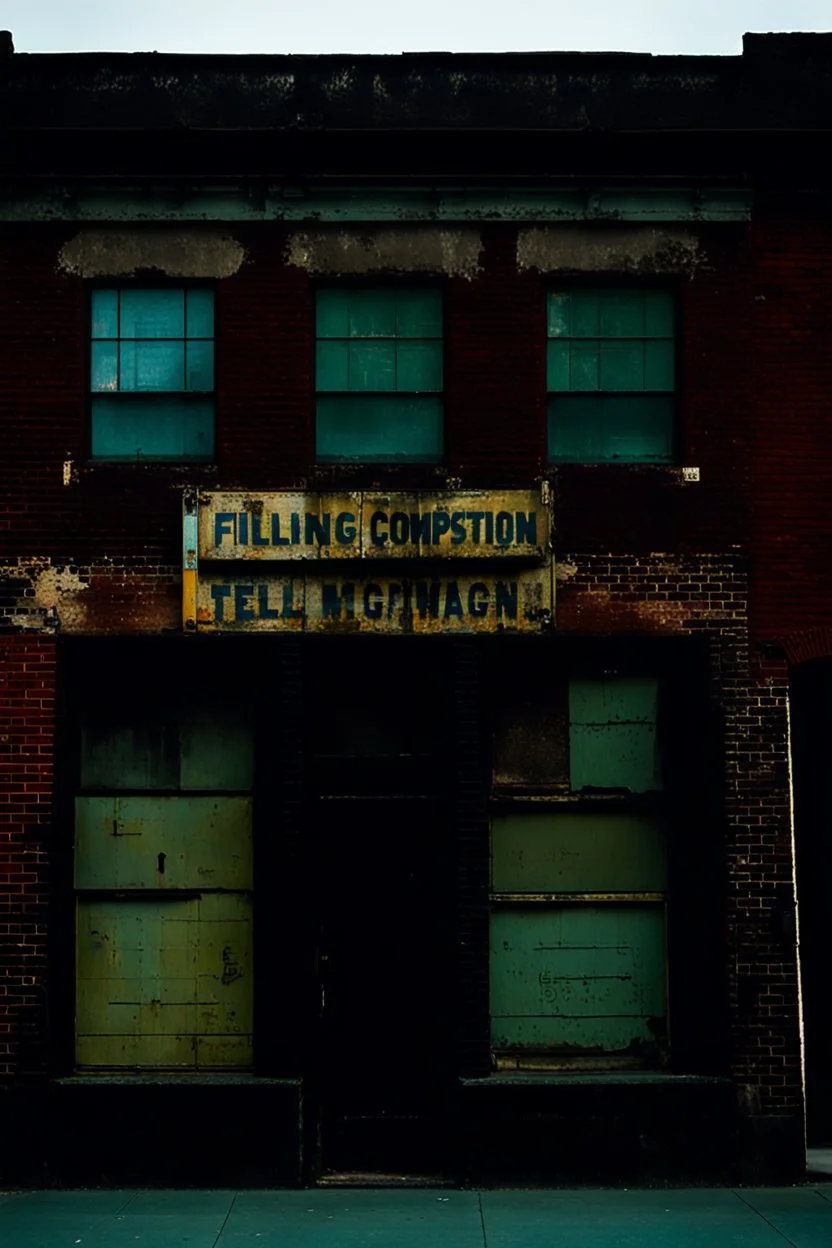 filling the composition is the side of an old brick building, with windows, a doorway at the bottom, and worn out painted sign across the top