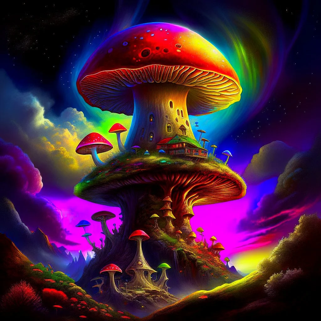 A fantabulous rainbow glowing, (((mushroom tower))) erected atop a (grassy cliff), surrounded with imaginative (((spiraling space))), contrasted by the stark hues of a (nebulous space scape), . captured by the hand a skilled master painter with a focus on (softly textured compositions and voluminous lighting).