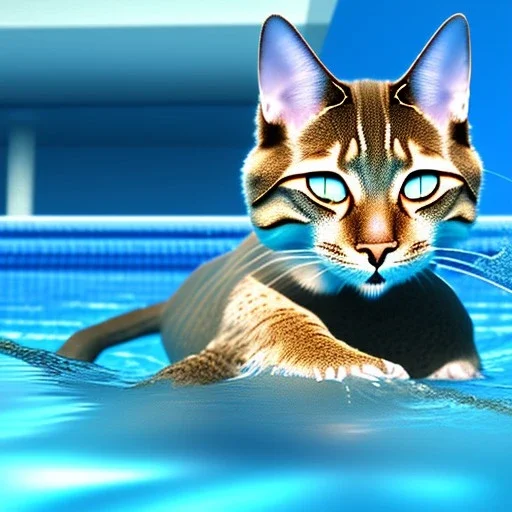 Eine Katze schwimmt im Swimmingpool, realistic Foto with all details