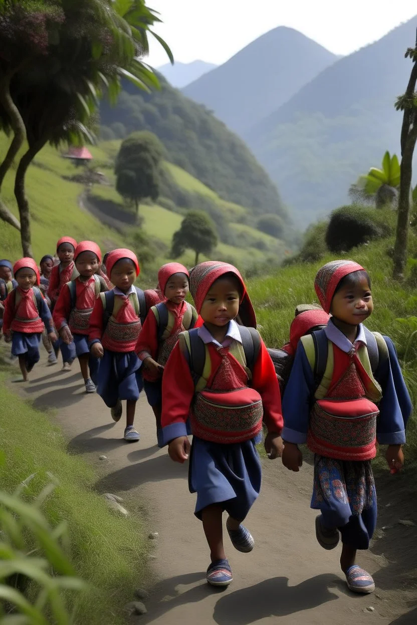 anak berangkat sekolah bertulis SMP Muhmmadiyah 2 sirampog didaerah pegunungan indonesia