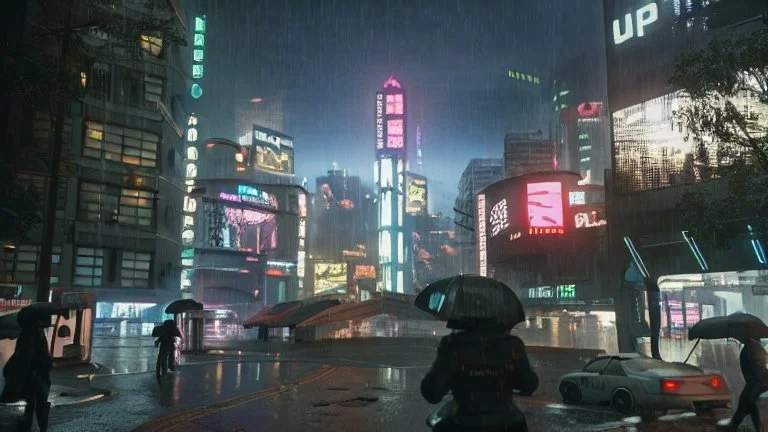 Cyberpunk district with giant foggy skyscarpers, cars, FoV: 100, HD, Unreal Engine 4, heavy rain, rainy streets reflection, neon signs, low contrast, grainy, less color, titanfall,