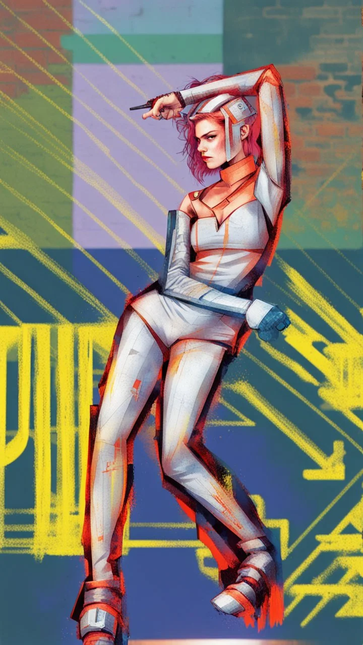 teen woman in retro-futurist cyberpunk costuming with pants and sheathed swords leaning to the side with shoulder against a brick pillar, add a background of brick with graffiti of a large arrow pointing to the right and text of the word "PUB" on lower left