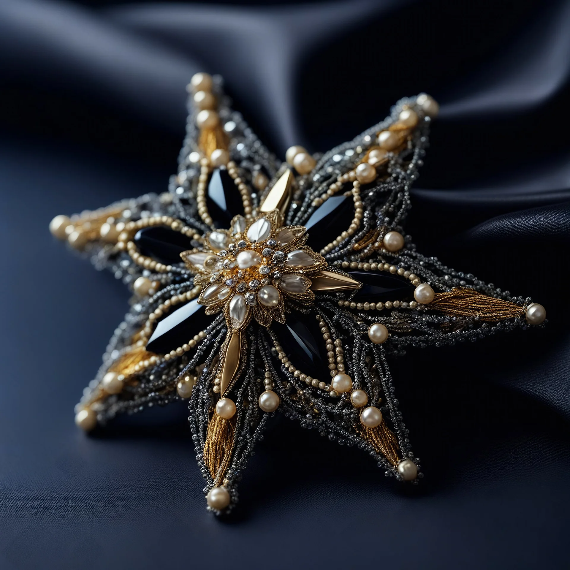 A stunning handmade brooch in the shape of a star, embroidered with dazzling beads, bugles, and crystals, rich gold and silver tones, an intricate yet bold design, the perfect blend of elegance and luxury, intricate reflections of light on the stones and sequins, set against a black satin fabric, sharp focus on the details with soft shadowed lighting creating a luxurious atmosphere