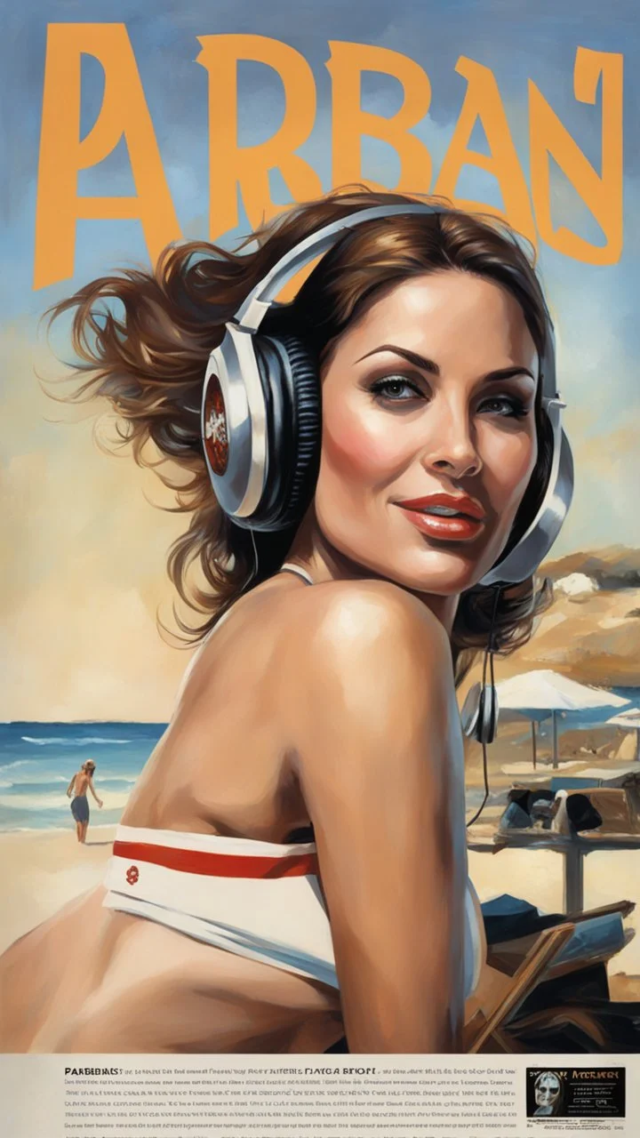 Hyper-detailed, Photography of a beautiful 48 years old woman wearing only a bikini and headphones, She is holding a sing with the text "PARABÉNS!", side pose face hidden wearing cap. trendy art ,art style by Robert Erod and Fabian Perez, photo, art by Ross Tran style reminiscent of illustrative books, digital art