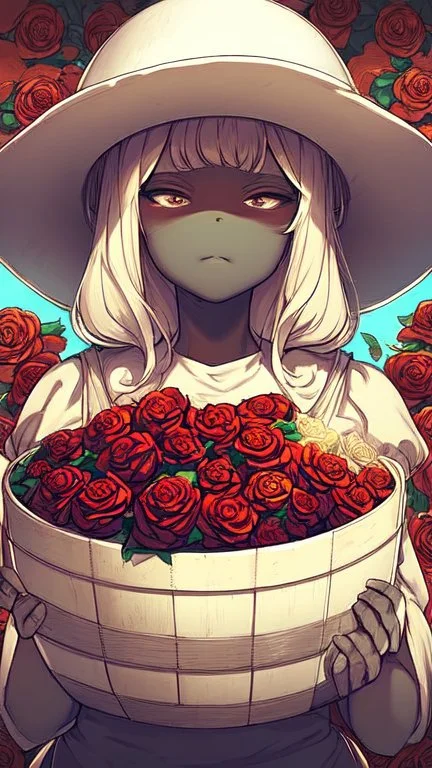 A 7-year-old little girl from Russia holds a lot of roses and puts them on her face, wears a plain white bucket hat, puts roses in front of her face so that her face is not visible, (many flowers: 1.2), soft light, golden hour, upper body, HDR, 8K, Natural Skin Texture, AO, Complex, Highly Detailed, Sharp Focus, Crazy Detail, Intricate Detail, Highly Detailed, The Girl Looked Down