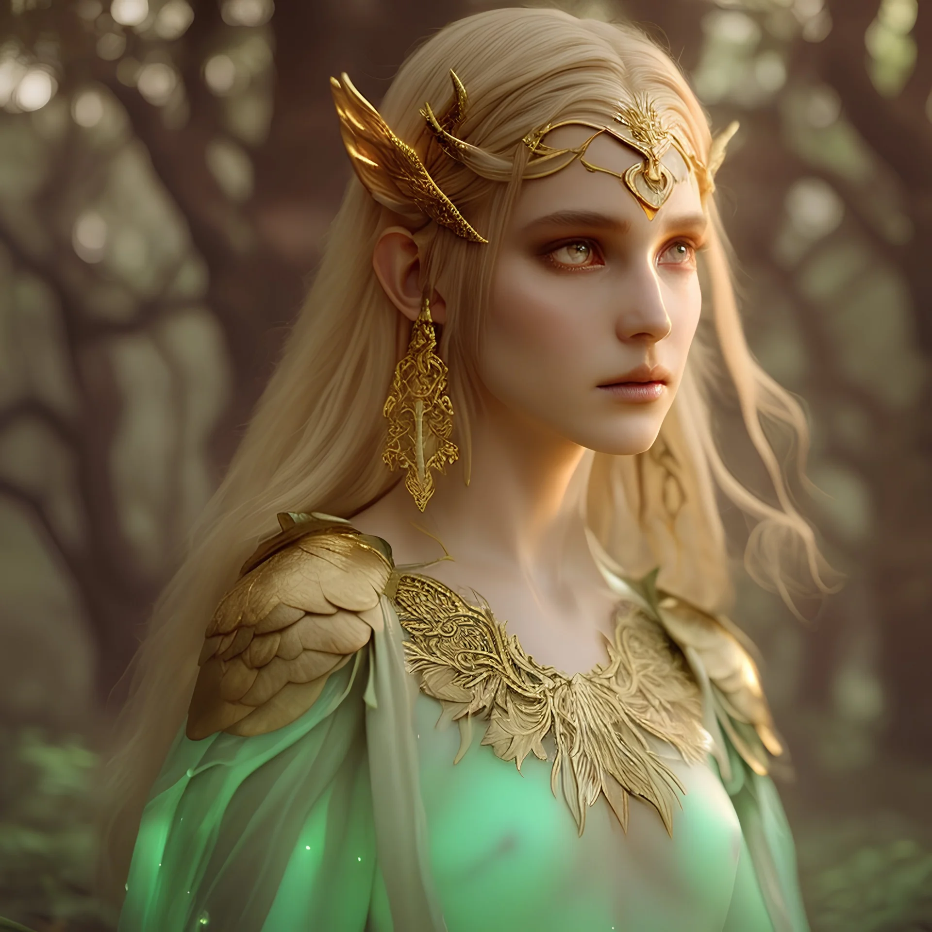 photoreal thirty-year-old Guardian high priestess of the Eladrin with leather skin with mystical eyes wearing green and orange garments in an enchanted golden forest at dawn by lee jeffries, octane render, 8k, high detail