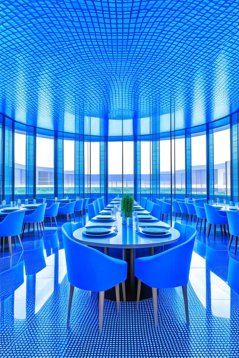 A restaurant with the outer shape of the walls in blue and a white floor, and it contains one table in the middle of the restaurant, and the walls are oval in shape, containing 30 chairs, and the walls are made of glass