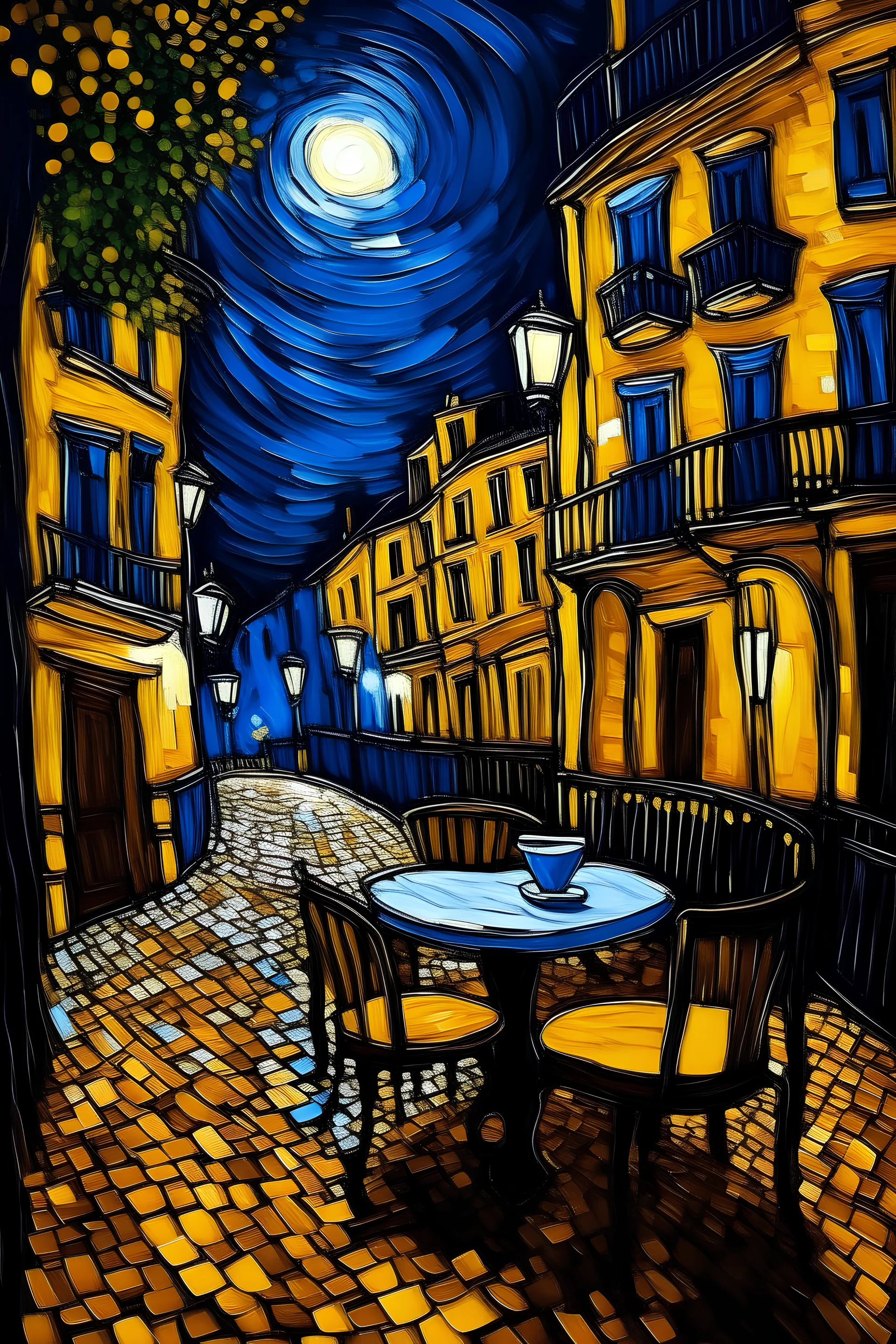 A tea cup is walking in the streets alone in the painting of Van Gogh Café Terrace at Night