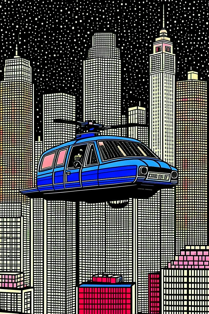 punisher sku;; city car helicopter chase in the style of Hiroshi Nagai