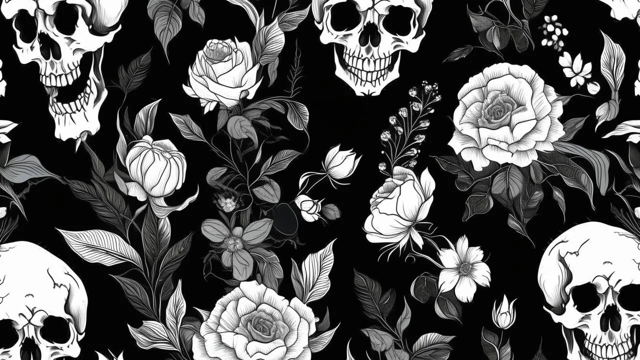 tracery of flowers, bones and skulls, black and white, Maximum minimalism