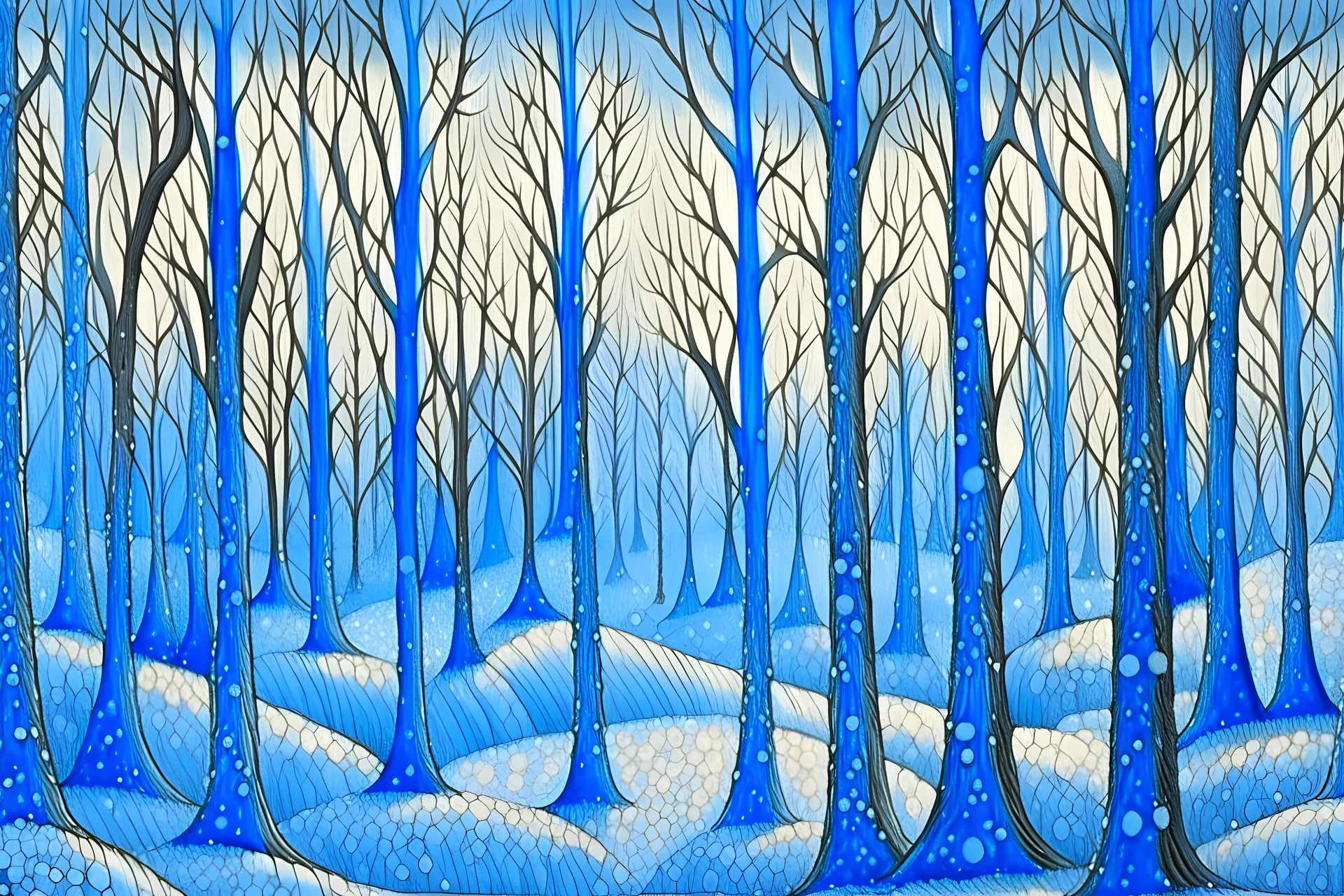 Winter trees elegant fantasy intricate art deco fantasy watercolor mystic Paul Klee Tim burton Yacek Yerka dee Nickerson snow winter cold season simple design
