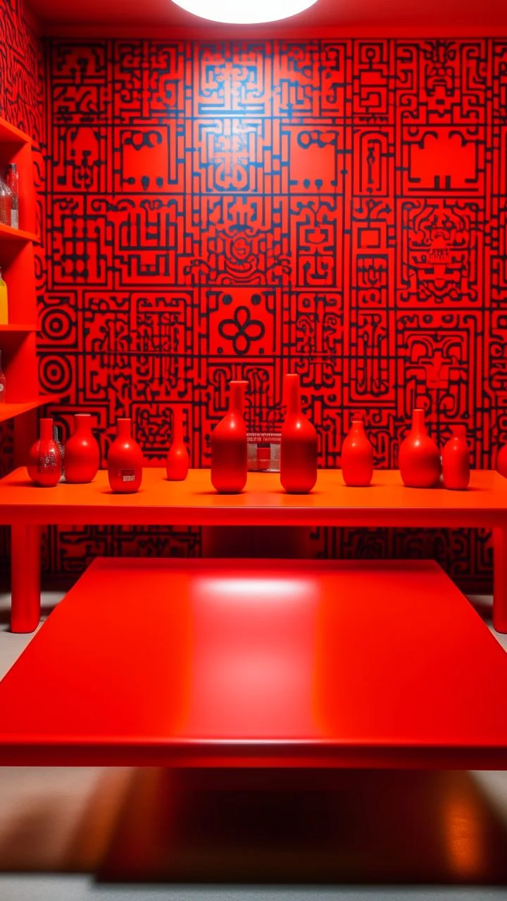 An orangish red laboratory with vials painted by Keith Haring