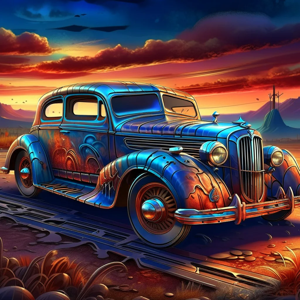 PROMPT: Detailed illustration of a [CAR], metallic body in [COLOR], with subtle rust spots and faded paint details. The car is parked, chrome accents and custom wheels catching the light. The background shows [SCENERY], with a [SKY GRADIENT COLORS]. The style is cinematic, bold, and vibrant, masterpiece digital painting with high detail and game-art inspired realism.
