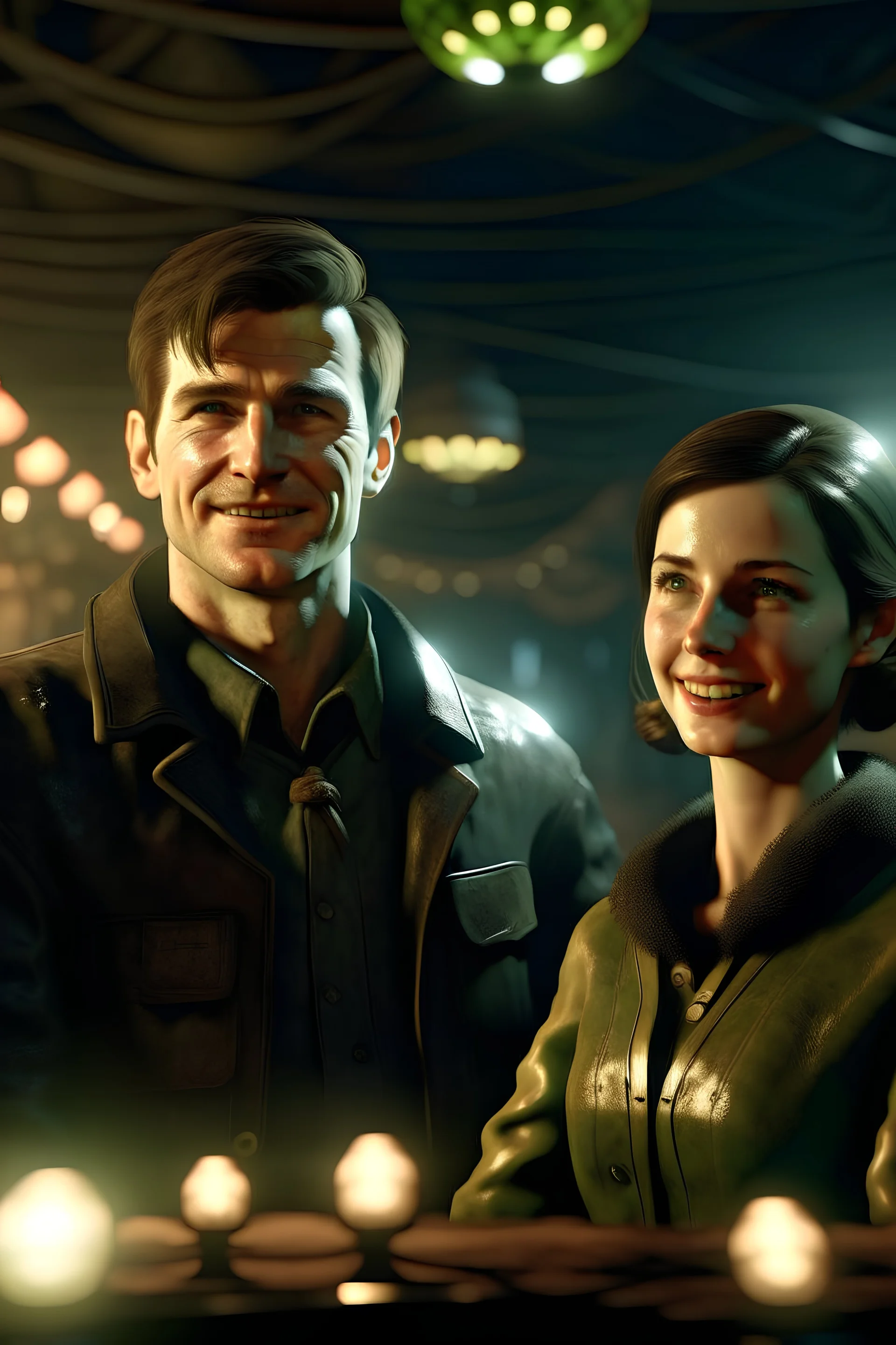 Nico Belic and woman in fallout 4 setting, bokeh, downlight, prize winning