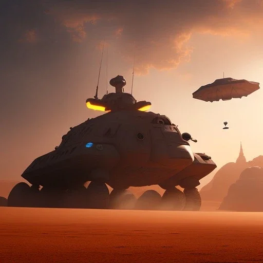 volumetric desert environment, Ralph McQuarrie style painting, armored hovercraft, floating in the air, highly detailed, renderman, duststorm at sunrise