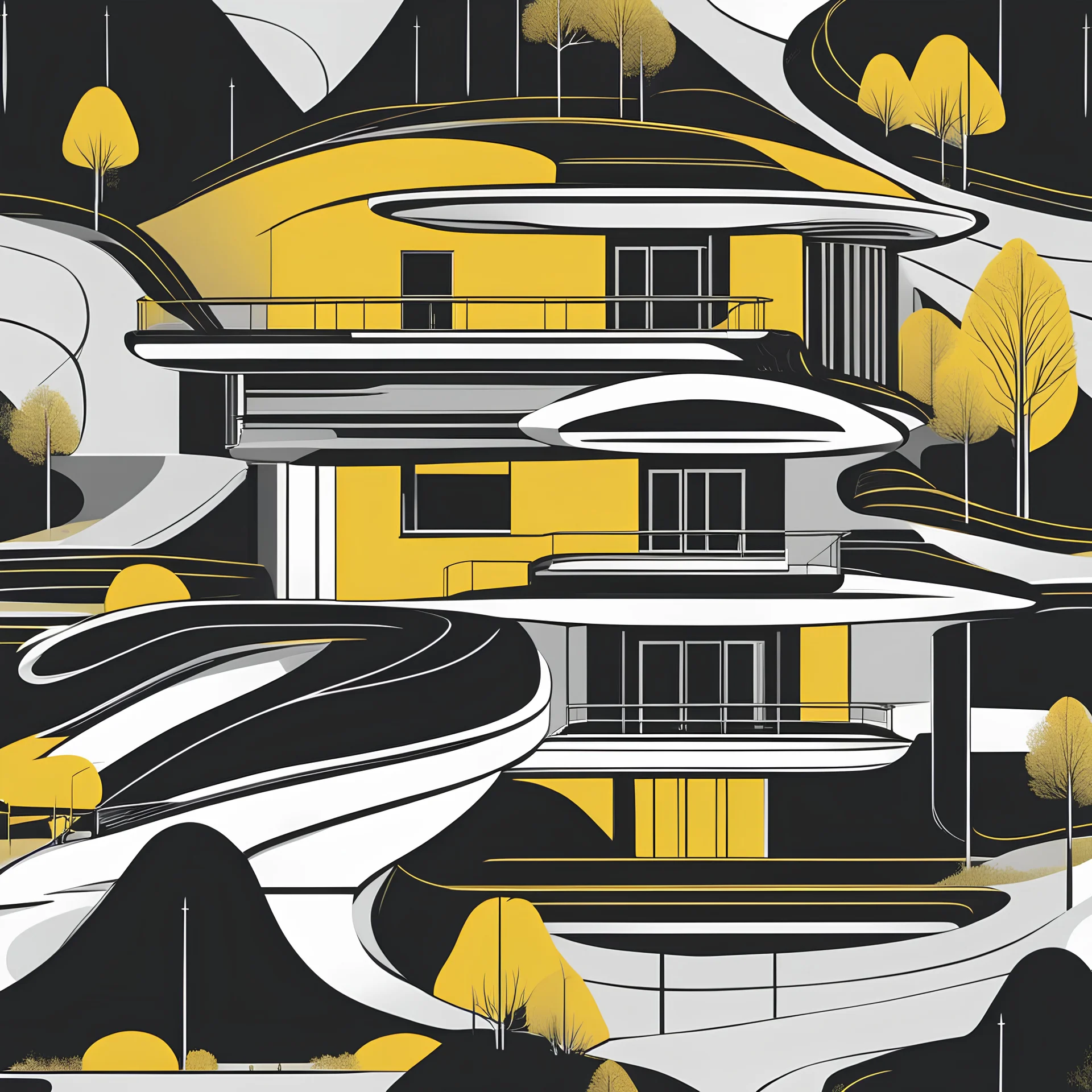 Ilustración minimalista de una casa campestre estilo Zaha Hadid forma ovalada en las montañas arte nouveau neón lineal color negro blanco y amarillo calidad ultra fondo ciudad vista aérea area