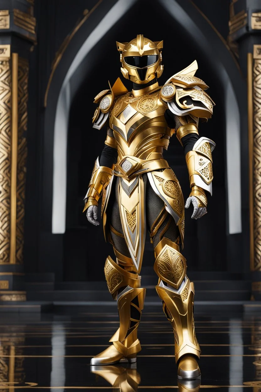 Full body photography,front_view,power ranger looking at viewer,traditional dress ornaments mechanical_armor,intricate armor, delicate golden filigree, intricate filigree, black metalic parts, detailed part,desert background, dynamic lighting