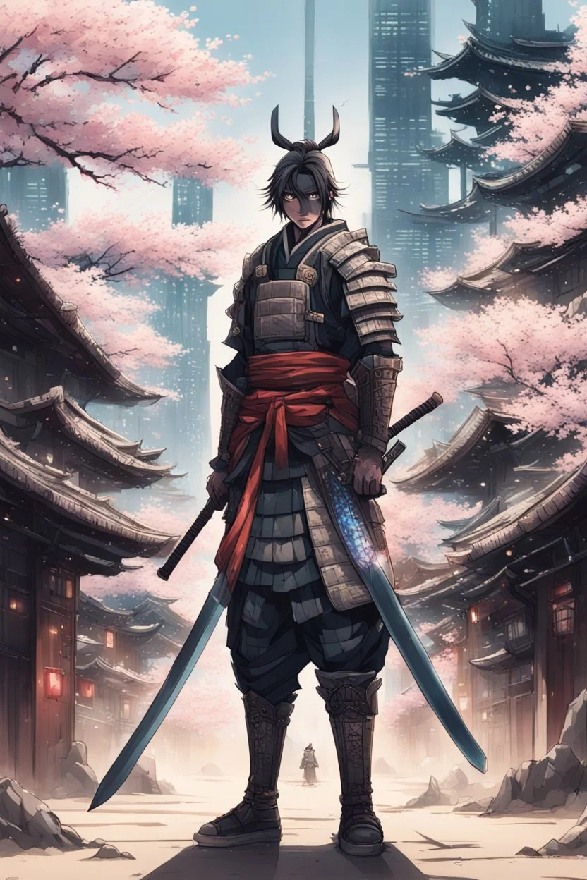 Captivating anime illustration. Samurai standing in the middle of a futuristic and sandy urban ghetto. Traditional samurai armor with a modern, elegant touch and style that shines under the light. His katana, sheathed at his side, is an extension of his being. Background, mix of ancient Japan and a dystopian future, cherry blossoms intertwined with towering skyscrapers and holographic advertisements. The atmosphere is a mix of nostalgia, tension and hope