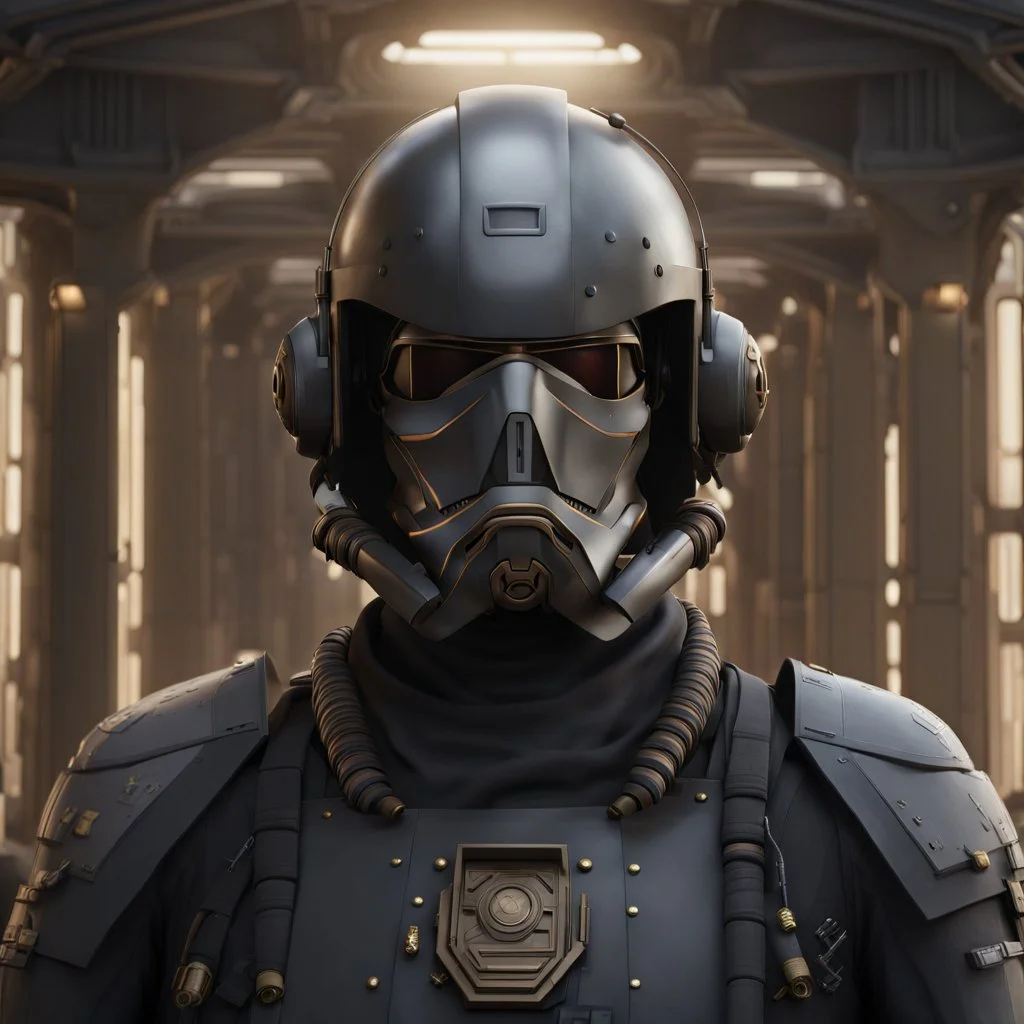 star wars bald male corellian pilot wearing dark gunmetal grey and black First Order special forces TIE pilot armored flightsuit and helmet with gold trim inside the jedi temple, centered head and shoulders portrait, hyperdetailed, dynamic lighting, hyperdetailed background, 8k resolution, volumetric lighting, light skin, fully symmetric details