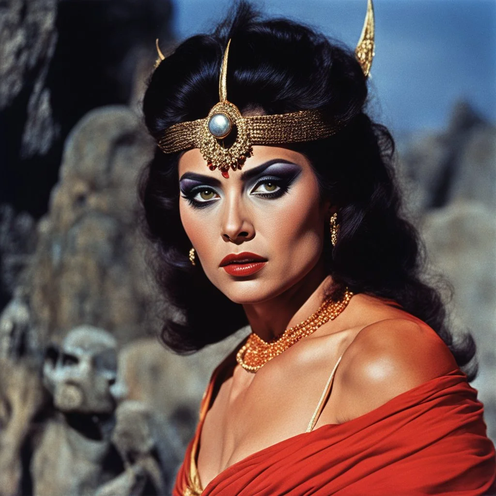 [colour picture: Jason and the Argonauts (1963)] Surpanakha, she has a twisted form and a ferocious demeanor. Her appearance is ominous, bearing the marks of her demonic lineage. Her alluring features reflect the darkness that resides within her. Surpanakha's eyes are filled with a fiery intensity. she sits on her throne in the temple