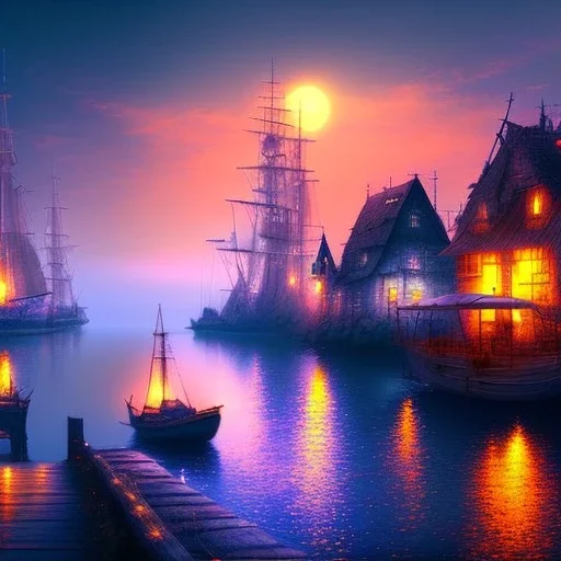 Fantasy city, cove, dock, night, large