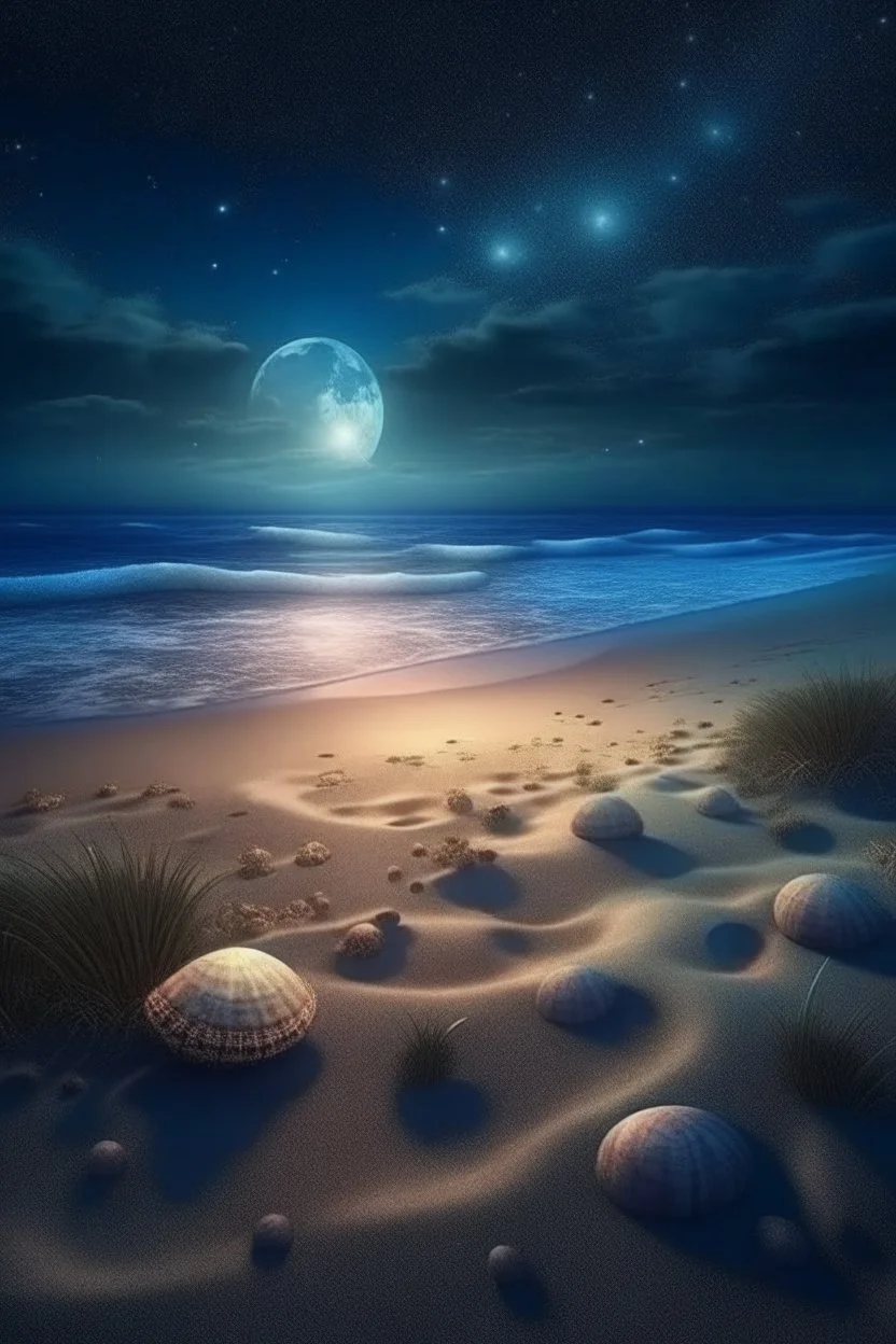 magic sea, beach with sand, shells, realistic, professional photo, 4k, top view, cosmic sky, stars, full moon, milki way