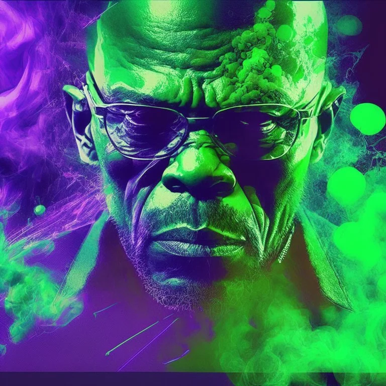 Samuel l jackson, mutando en un skrull, psicodelic green abstract digital art obscure smoke london dramatic