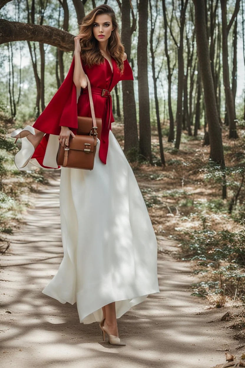 fullbody shot of young-beautiful-girl-with-a-perfect-face standing in green trees