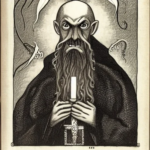 Nosferatu with four yellow eyes with fleshy tentacle hair beard grey skin and vampire fangs as a Russian Orthodox