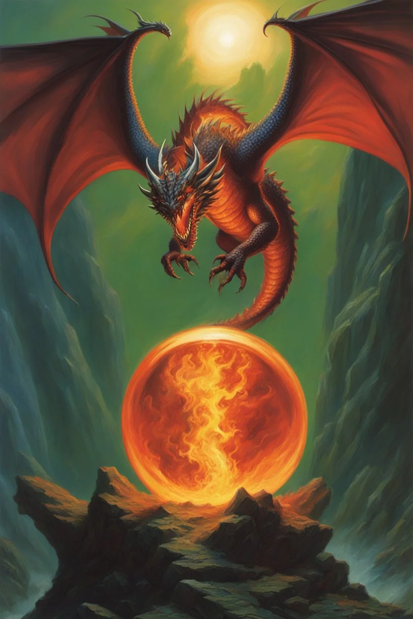 dragon attacking a magic orb full of dragon fire. dragon with huge cloned wings. perfectly drawn claws. fantasy setting. . painted by Jeff Easley