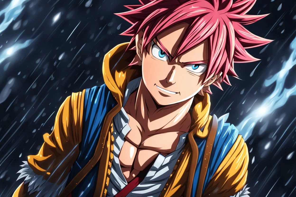 Natsu in 8k 2D realistic fairy tail drawing style, fairy tail costum, close picture, rain, fantasy, neon, highly detailed, high details, detailed portrait, masterpiece,ultra detailed, ultra quality