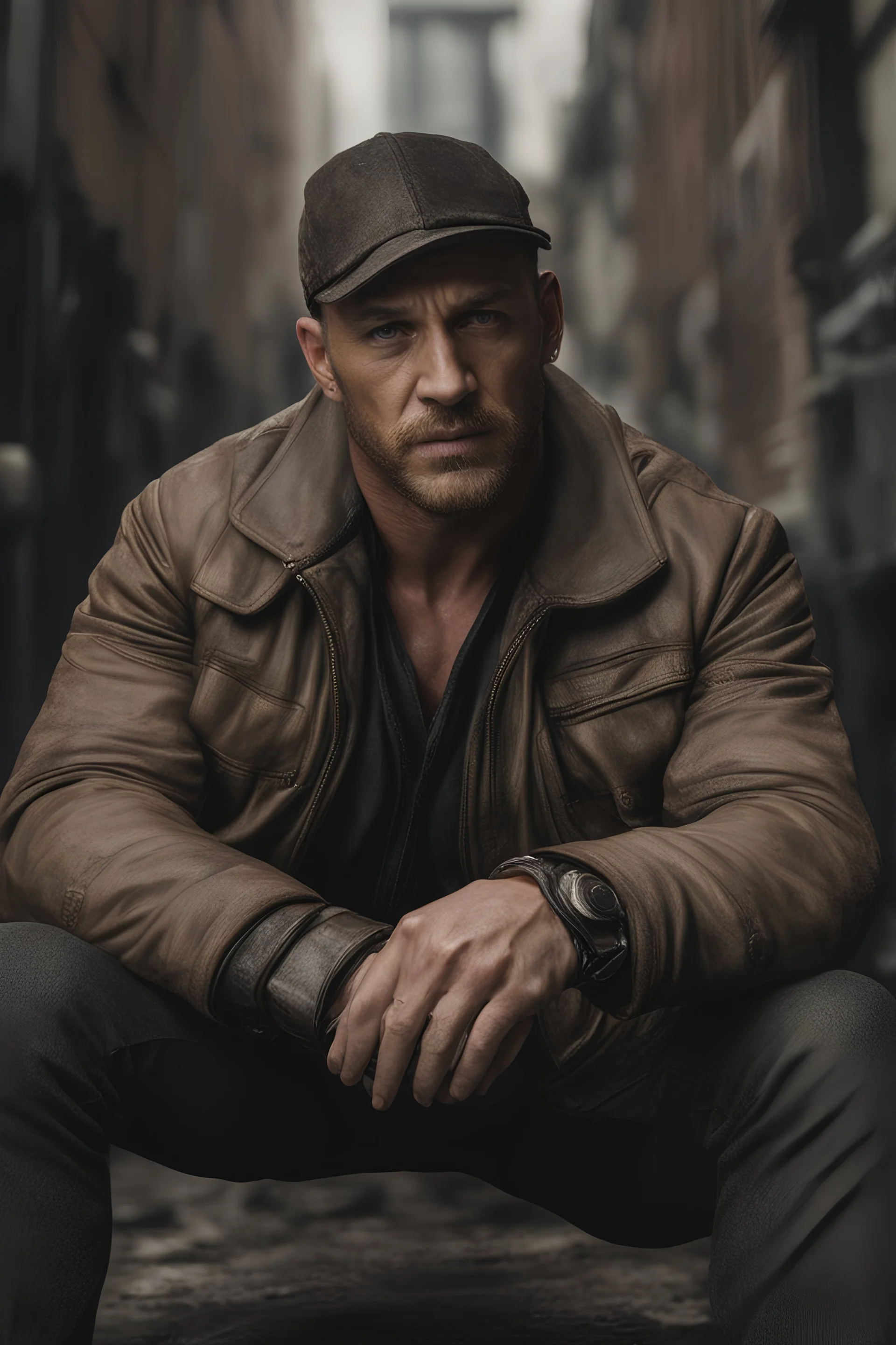 A hyper-realistic,ultra detailed Actor Tom Hardy . Photo Real, HOF, full size, practicality,manufacturability,performance, (((realism, realistic, realphoto, photography, portrait, realistic, elegant, charming, apocalyptic environment, professional photographer, captured with professional DSLR camera, trending on Artstation, 64k, ultra detailed, ultra accurate detailed, bokeh lighting, surrealism, Thomas Kinkade background, intricate, epic,